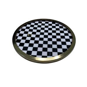 Black White Checkered Round Cheese Board Resin Brass Edge Acacia Wood Tray India